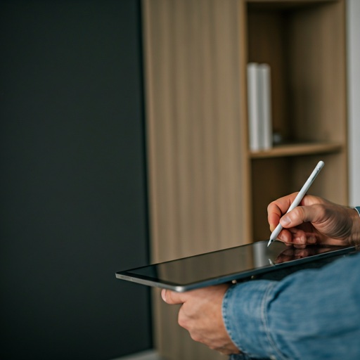 Profissional preenchendo uma vistoria na tela de um tablet com caneta digital